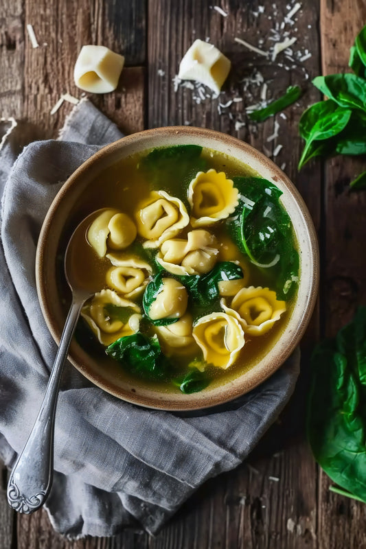 Soupe aux raviolis de poulet dans un bouillon savoureux avec des herbes fraîches.
